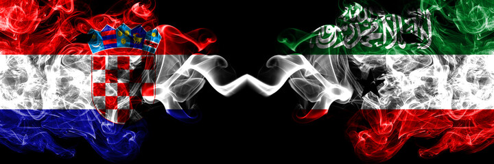 Croatia, Croatian vs Somaliland smoky mystic flags placed side by side. Thick colored silky abstract smoke flags.