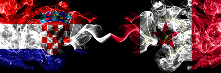 Croatia, Croatian vs United States of America, America, US, USA, American, Birmingham, Alabama smoky mystic flags placed side by side. Thick colored silky abstract smoke flags.