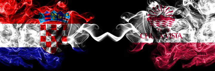 Croatia, Croatian vs United States of America, America, US, USA, American, Chula Vista, California smoky mystic flags placed side by side. Thick colored silky abstract smoke flags.