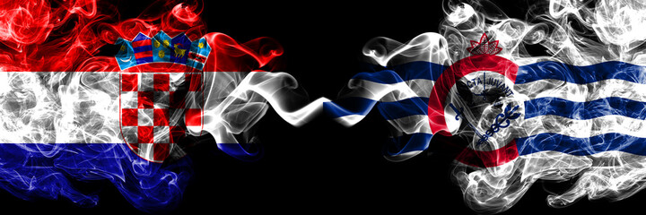 Croatia, Croatian vs United States of America, America, US, USA, American, Cincinnati, Ohio smoky mystic flags placed side by side. Thick colored silky abstract smoke flags.