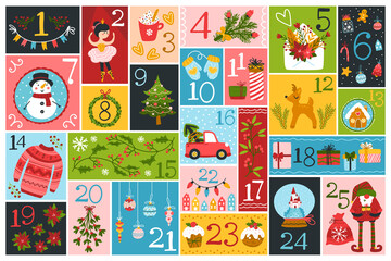 Christmas advent calendar with cute characters and festive elements in different shapes, in a childish hand-drawn Scandinavian style. Limited palette ideal for printing