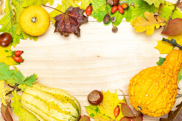 Maple leaf autumn. Natural harvest with orange pumpkin, fall dried leaves, red berries and acorns, chestnuts on wooden background in shape frame. Beauty Holiday autumn festival concept. Fall scene.