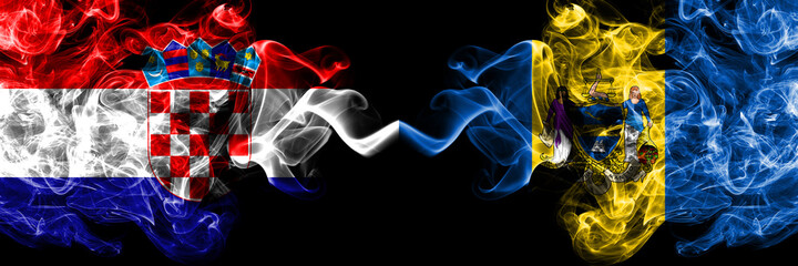 Croatia, Croatian vs United States of America, America, US, USA, American, Philadelphia, Pennsylvania smoky mystic flags placed side by side. Thick colored silky abstract smoke flags.