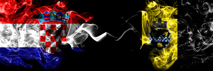 Croatia, Croatian vs United States of America, America, US, USA, American, Pittsburgh, Pennsylvania smoky mystic flags placed side by side. Thick colored silky abstract smoke flags.