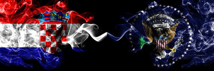 Croatia, Croatian vs United States of America, America, US, USA, American, President smoky mystic flags placed side by side. Thick colored silky abstract smoke flags.