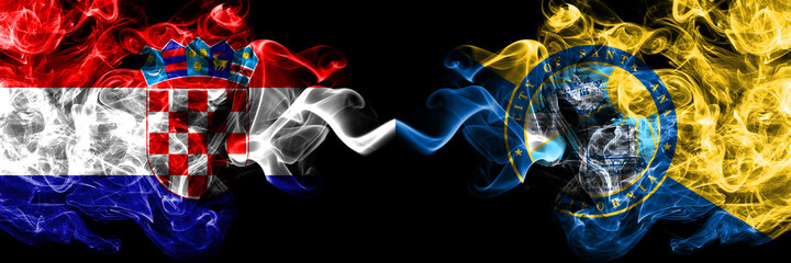 Croatia, Croatian vs United States of America, America, US, USA, American, Santa Ana, California smoky mystic flags placed side by side. Thick colored silky abstract smoke flags.