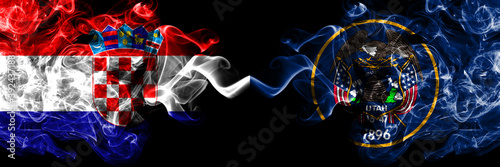 Croatia, Croatian vs United States of America, America, US, USA, American, Utah smoky mystic flags placed side by side. Thick colored silky abstract smoke flags.