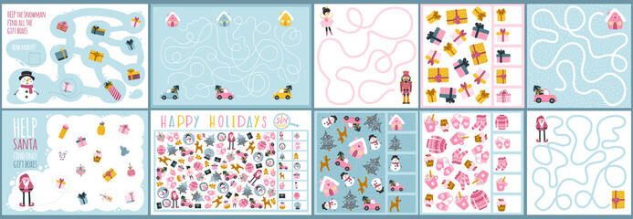 A set of Christmas games for children. Spy and maze game. Vector illustration in hand drawn cartoon childish style. Educational maze puzzles suitable for games, book printing, applications, education.