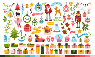 Fototapeta premium Big Christmas set for a princess. Cute characters, Santa, toys, Christmas tree, sweets and gifts. Cute palette of sweets. Vector illustration in childish hand-drawn Scandinavian style.