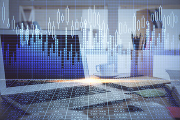 Multi exposure of forex chart and work space with computer. Concept of international online trading.