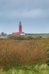 Fototapeta na wymiar Vertical landscape with Lighthouse between sand dunes at Waddenisland Texel, North Holland, Netherlands