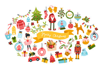 Big Christmas set greeting card with cute characters and festive elements in the shape of an oval, in a childish hand-drawn Scandinavian style with lettering