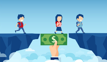 Vector of a businessman hand holding a dollar banknote bridging the gap in primary education for children passing by