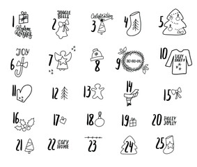 Doodle advent calendar with winter and Christmas symbols. Hand drawn advent for kids, xmas holiday template set. Christmas line art icon. 