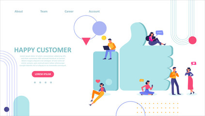 Vector of happy clients giving thumb up review on social media platforms, mobile gadgets