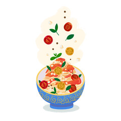 Pasta or spaghetti  dish isolated on white. Fettuccine pasta with tomato filling and cheese toppings in a folk deep blue bowl in Mediterranean style. Flying food elements. Vector illustration.