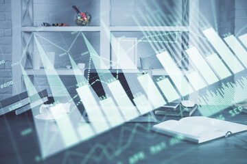 Forex Chart hologram on table with computer background. Double exposure. Concept of financial markets.