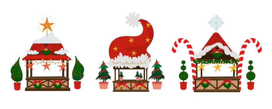 Christmas market tent and stalls set. Outdoor festival wooden stands. Holiday souvenir fairy lights sweets kiosk  with garlands and Christmas decoration. Vector illustration on isolated white 