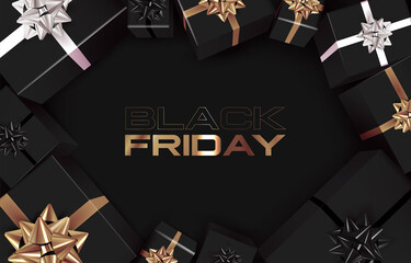 Black Friday banner or poster design template with golden Black Friday lettering on black background surrounded by realistic top view gift boxes. Vector illustration