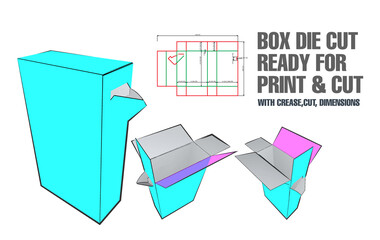 Box Die Cut Cube Template with 3D Preview with Reclosable Pour-Out Device, organised with cut, crease, model and dimensions ready to cut and print, Vector Draw Graphic Design dieline,
