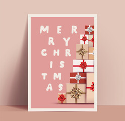 Christmas poster or card design template with a bunch gift boxes and hand drawn Merry Christmas lettering on pink background. Vector illustration