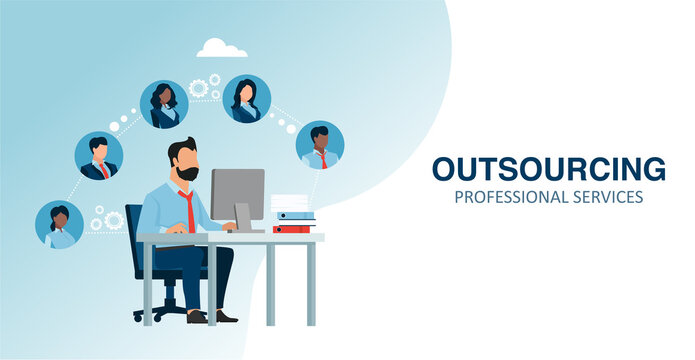 Vector of a business man sitting at desk working on laptop connecting online with team of freelancers,  outsourcing work