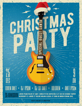 Christmas party poster or flyer design template with electric guitar with red santa hat on blue background. Vector illustration.