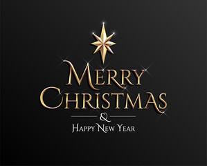Fototapeta na wymiar Merry Christmas and Happy New Year golden lettering sign on dark background. Vector illustration