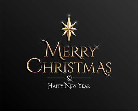Merry Christmas and Happy New Year golden lettering sign on dark background. Vector illustration