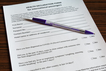 Covid-19 health declaration form. Coronavirus medical form to be filled in upon arrival at the airport by tourist.