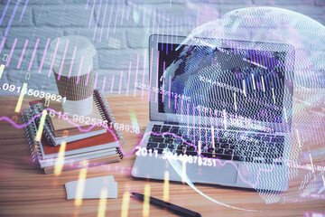 Multi exposure of chart and financial info and work space with computer background. Concept of international online trading.