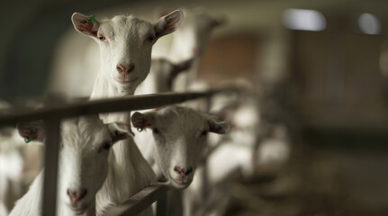 Obraz premium farming and light industry, goats in the pasture, domestic animals, ecological products, cheese, milk and meat. food production, household