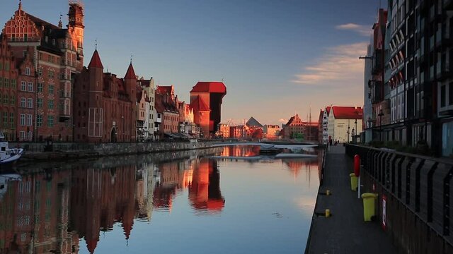 Gdansk with beautiful old town over Motlawa river at sunrise, Poland.