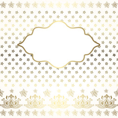 Ornamental oriental background with empty frame for text. Luxury card or invitation in white and gold colors