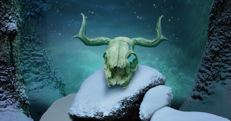 Winter night landscape with horny skull on snowy rock in woods. Shamanic pagan sorcery witch ritual