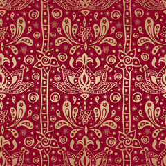 Indian ethnic oriental ornamental seamless pattern in gold and red colors