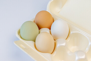Multicolored chicken eggs lie in foam containers for storage and carrying on a light background. Close up. Soft focus