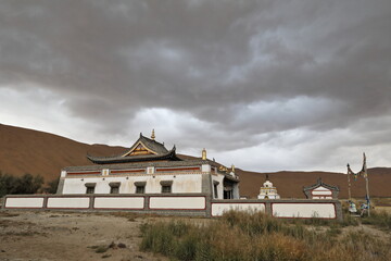 Badain Jaran Temple-white pagoda-Sumu Jaran Lake. Badain Jaran Desert-Inner Mongolia-China-1109