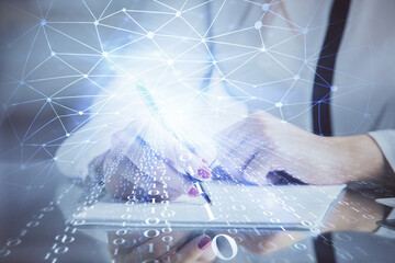 Multi exposure of woman's writing hand on background with data technology hud. Big data concept.