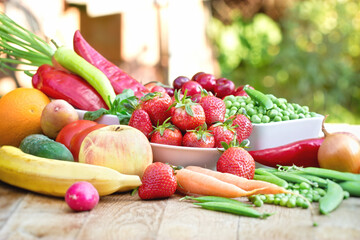 Healthy eating, fresh organic fruit and vegetable, healthy organic food on table