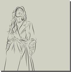 Face of a beautiful woman. Girl wears coat.Spring poster design for web and print. Retro fashion style