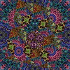 Colorful seamless patchwork pattern with bright decorative ornaments. Print for fabric, textile, tapestry