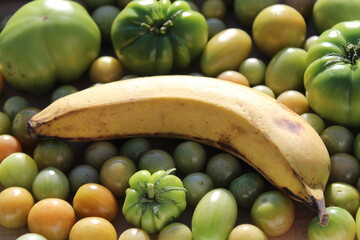 Unreife Tomaten, die mit einer Banane schneller reifen sollen.