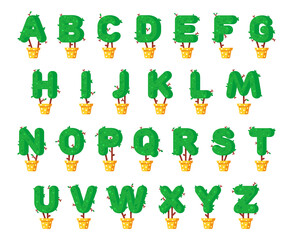 Fototapeta premium Trees and leaves alphabet. Green alphabet set in flat style, font made out of pot plants. Seasonal summer letters. Letters flat illustration set