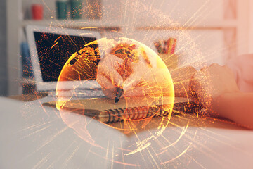 Social network theme hologram over woman's hands writing background. Concept of international...