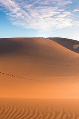 Fototapeta na wymiar Daytime wide angle shoot of desert dunes of Erg Chigaga, at the gates of the Sahara. Morocco. Concept of travel and adventure.