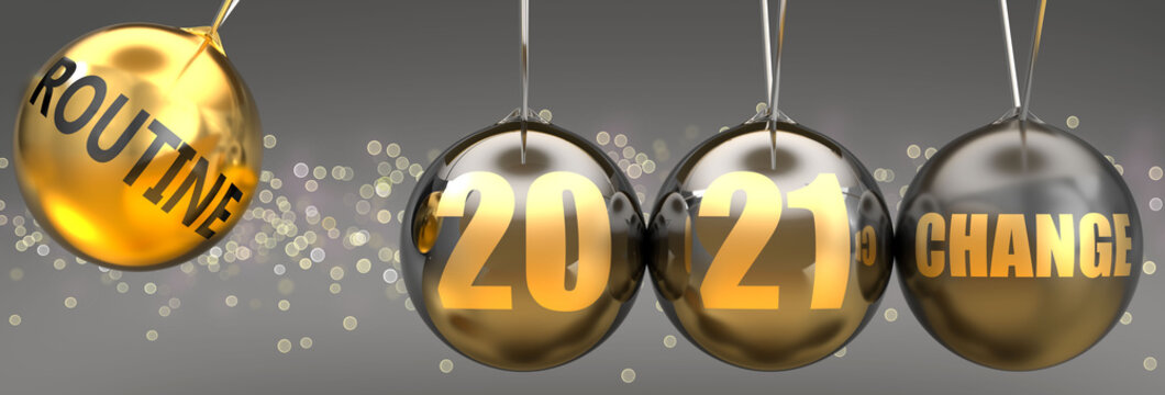 Routine as a driving force of change in the new year 2021 - pictured as a swinging sphere with phrase Routine giving momentum to 2021 that leads to a change, 3d illustration