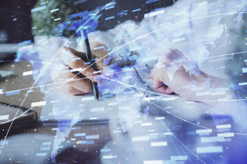 Double exposure of woman's hands on background with technology and digital coding icons. Data development concept. Close up.