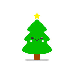 Christmas tree is smiling. Cute cartoon character. Kawaii drawing.  Vector illustration.