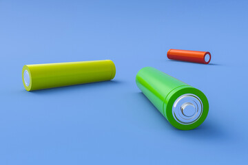 Three blank green red and yellow color batteries aa or aaa size scattered on blue background. Concept of alternative fuel and saving ecology. 3d rendering